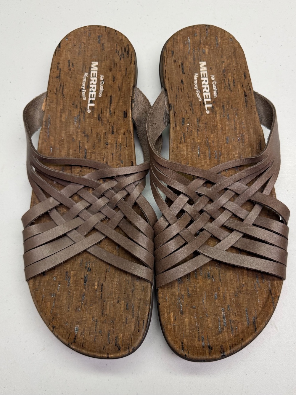 Merrell Woven Leather Slide Sandal Falcon Taupe Memory Foam Size 10 Fall Sale